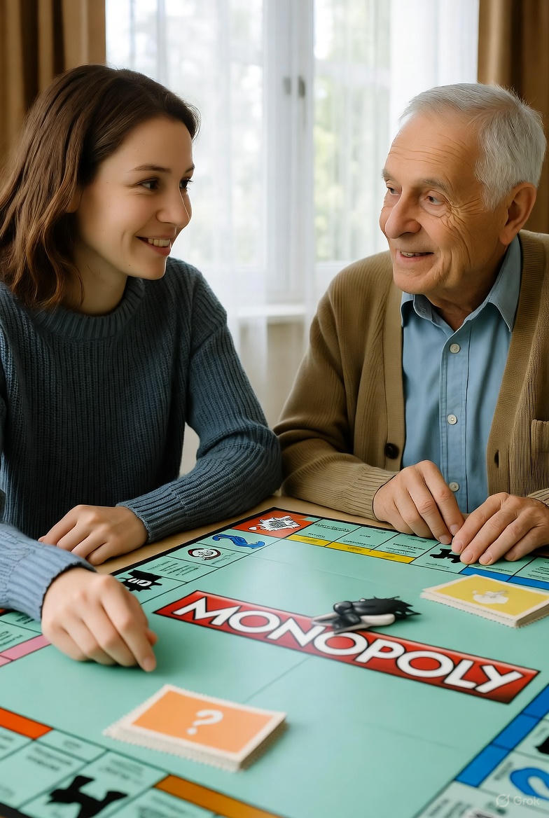 sénior et étudiante jouent au monopoly